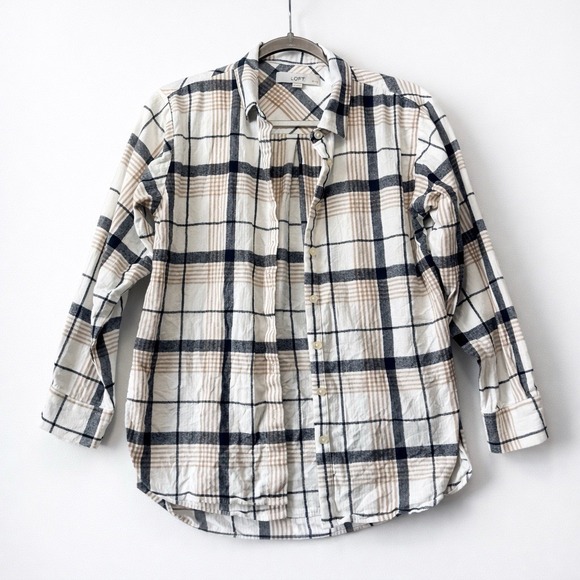 LOFT Petites Plaid Button Down Shirt Size SP Neutral Beige Navy 26" - Picture 3 of 6
